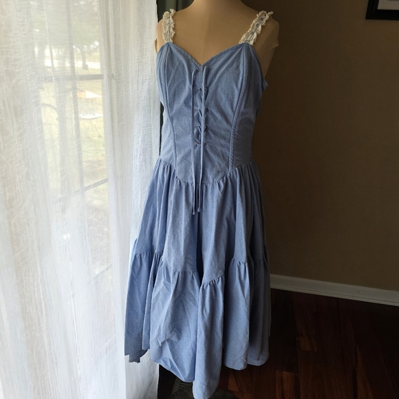 Frederick's of Hollywood Dresses & Skirts - Vintage 70s Frederick's of Hollywood Tiered Denim Dress Medium w Lace Straps